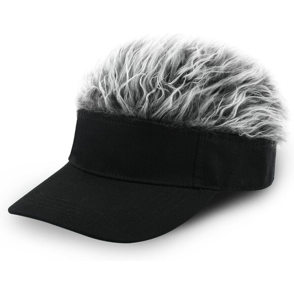 Men's Black and Grey Adjustable Visor Hat with Spiked Wigs Fake Hair Visor - Picture 4 of 6